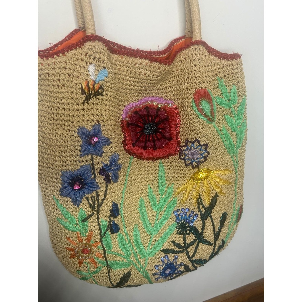 Petro Zillia Vintage Floral Embroidered Straw beaded Tote Bag Womens - Picture 5 of 14